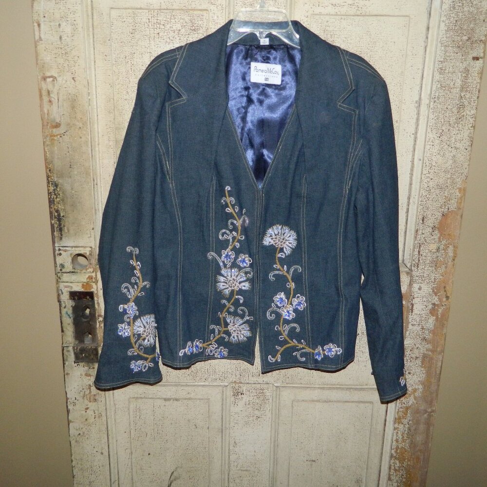 Vtg Pamela McCoy Denim Floral Boho Chic Embroidered Blazer 2X (II-8)